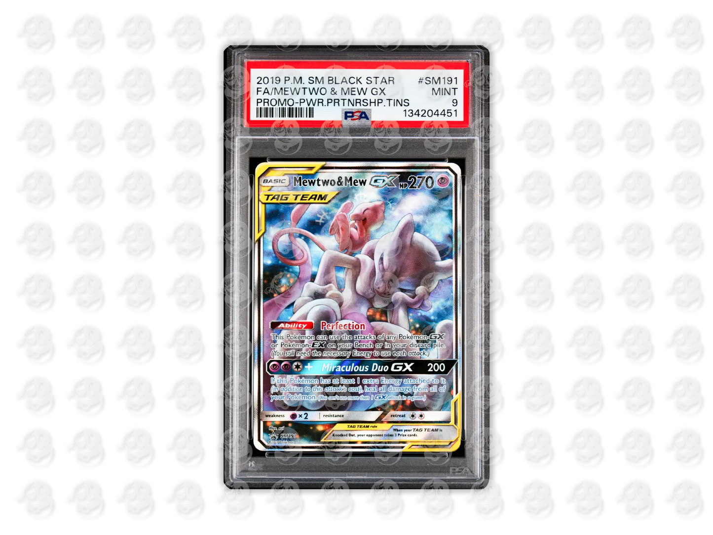 #SM191 FULL ART/MEWTWO & MEW GX - POWER PARTNERSHIP TINS | PSA 9 | 2019 SM BLACK STAR PROMO
