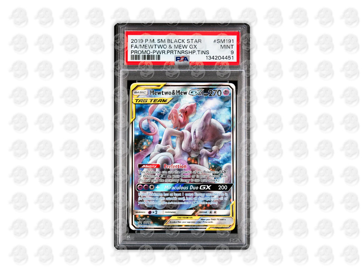 #SM191 FULL ART/MEWTWO & MEW GX - POWER PARTNERSHIP TINS | PSA 9 | 2019 SM BLACK STAR PROMO