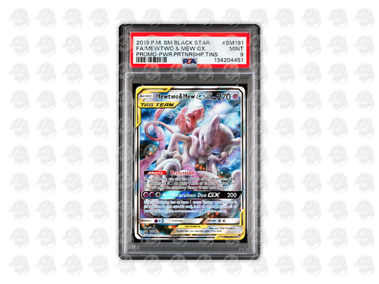 #SM191 FULL ART/MEWTWO & MEW GX - POWER PARTNERSHIP TINS | PSA 9 | 2019 SM BLACK STAR PROMO